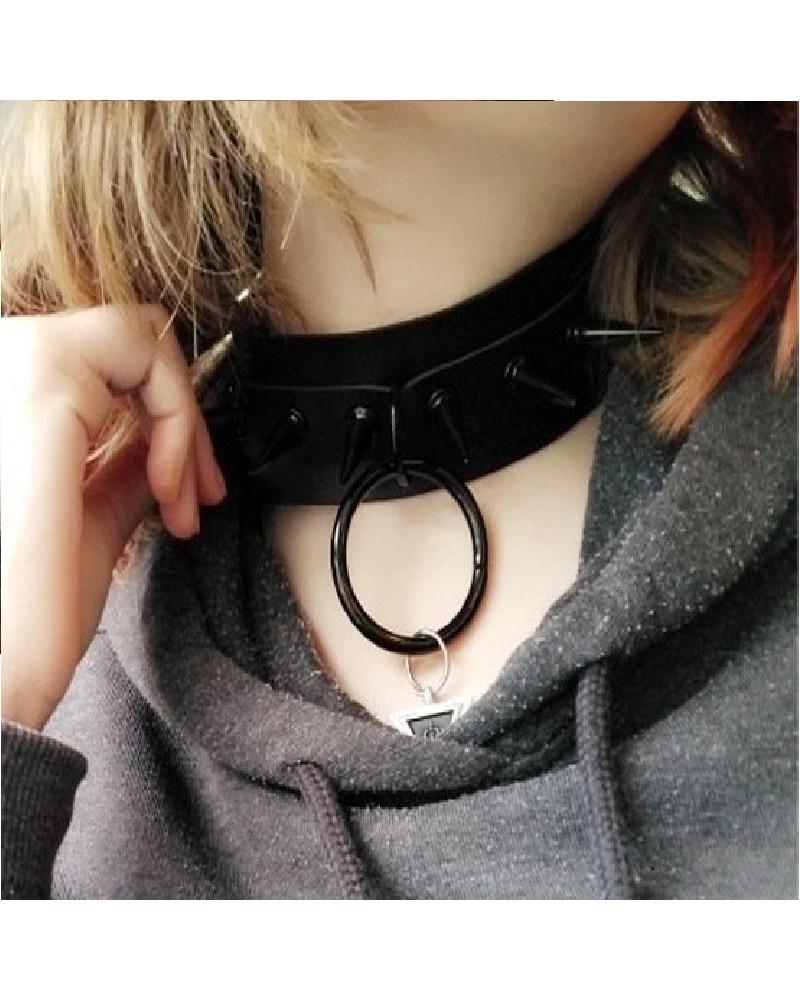 Spiked punk choker collar with ring