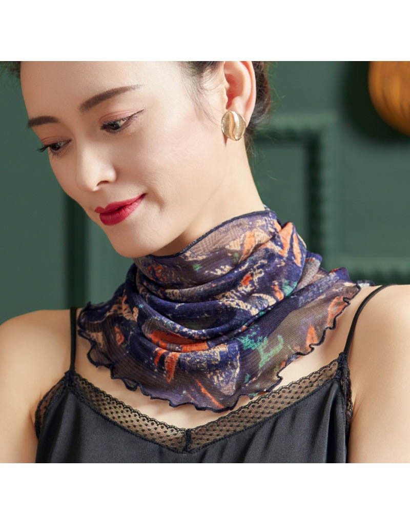 Navy blue printed wave point silk scarf