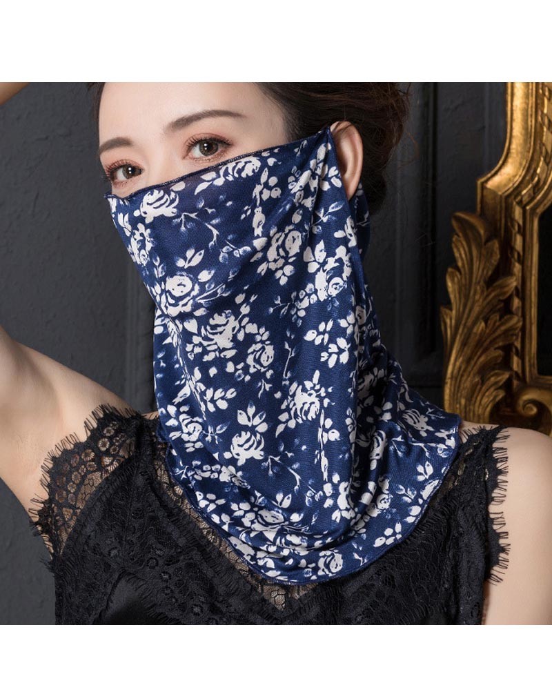 Blue and white floral print ear-hanging silk scarf