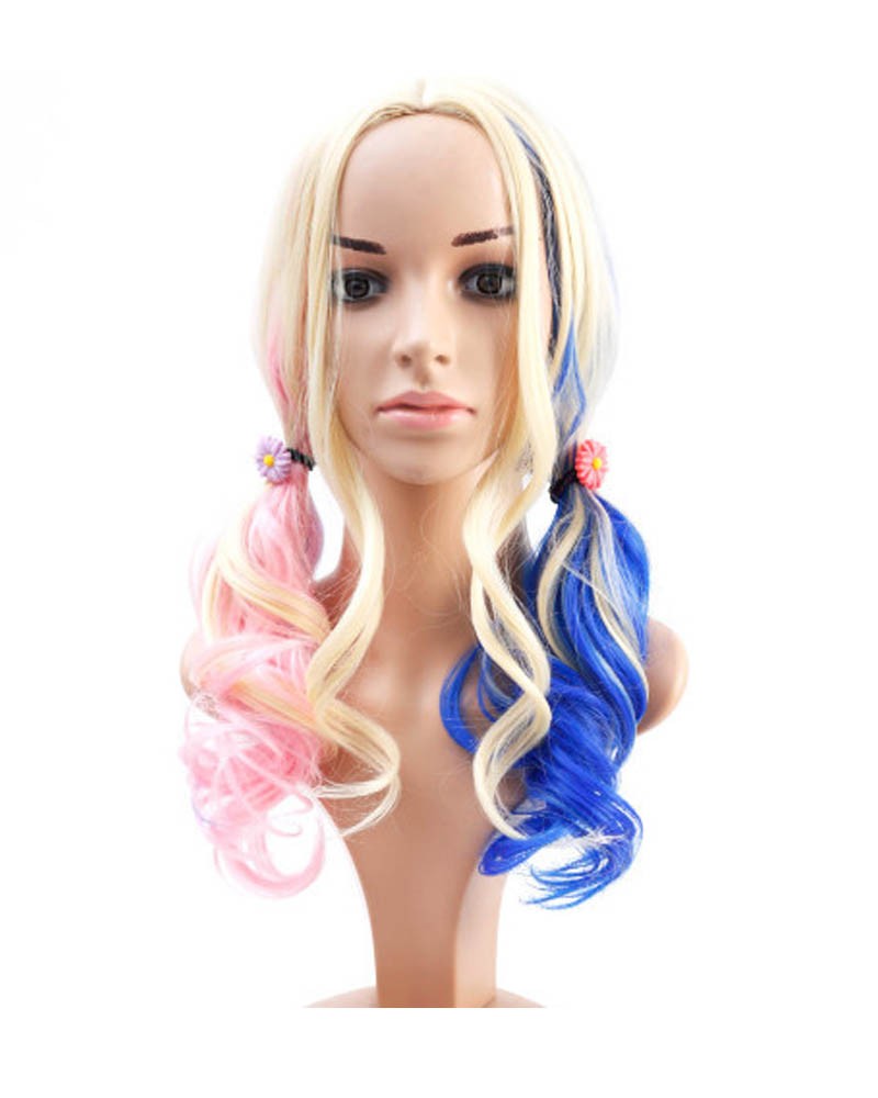 Blue pink gold curly long hair synthetic wig
