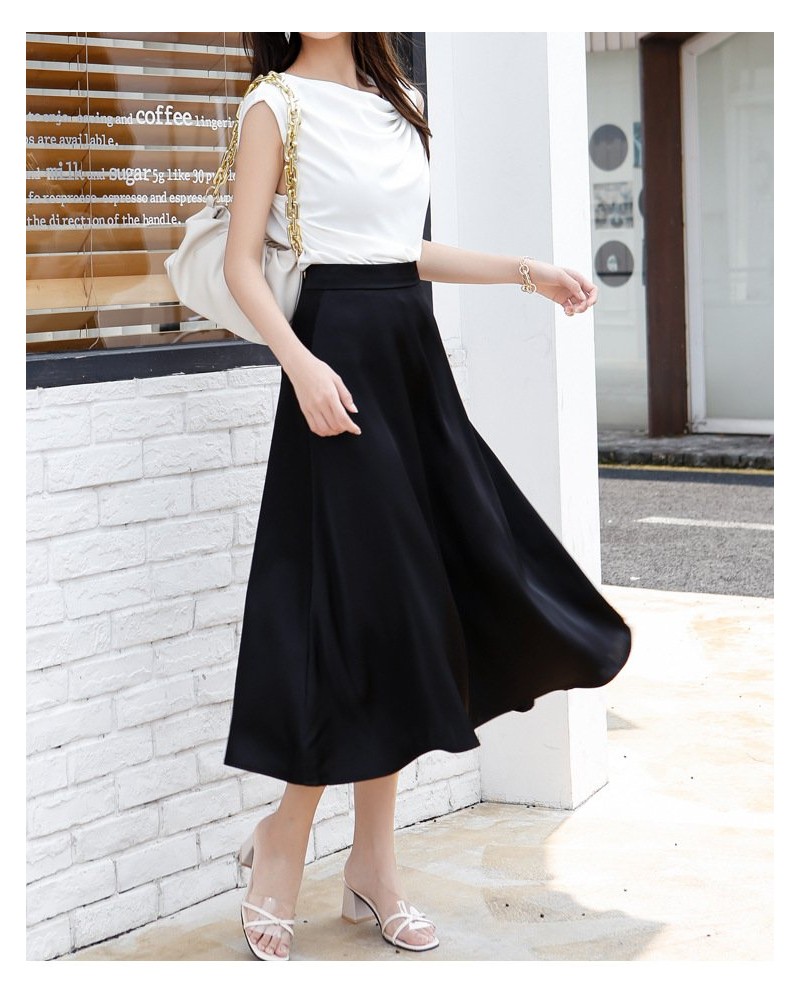 Black satin skirt for women