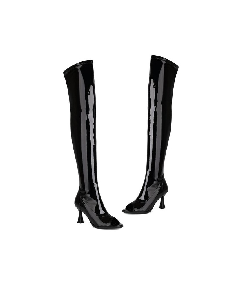 Black patent stylish knee-high boots 2023 autumn