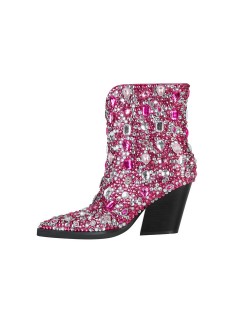 Rose red block heels shiny ankle boots