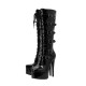 Black patent platform heels boots straps buckle