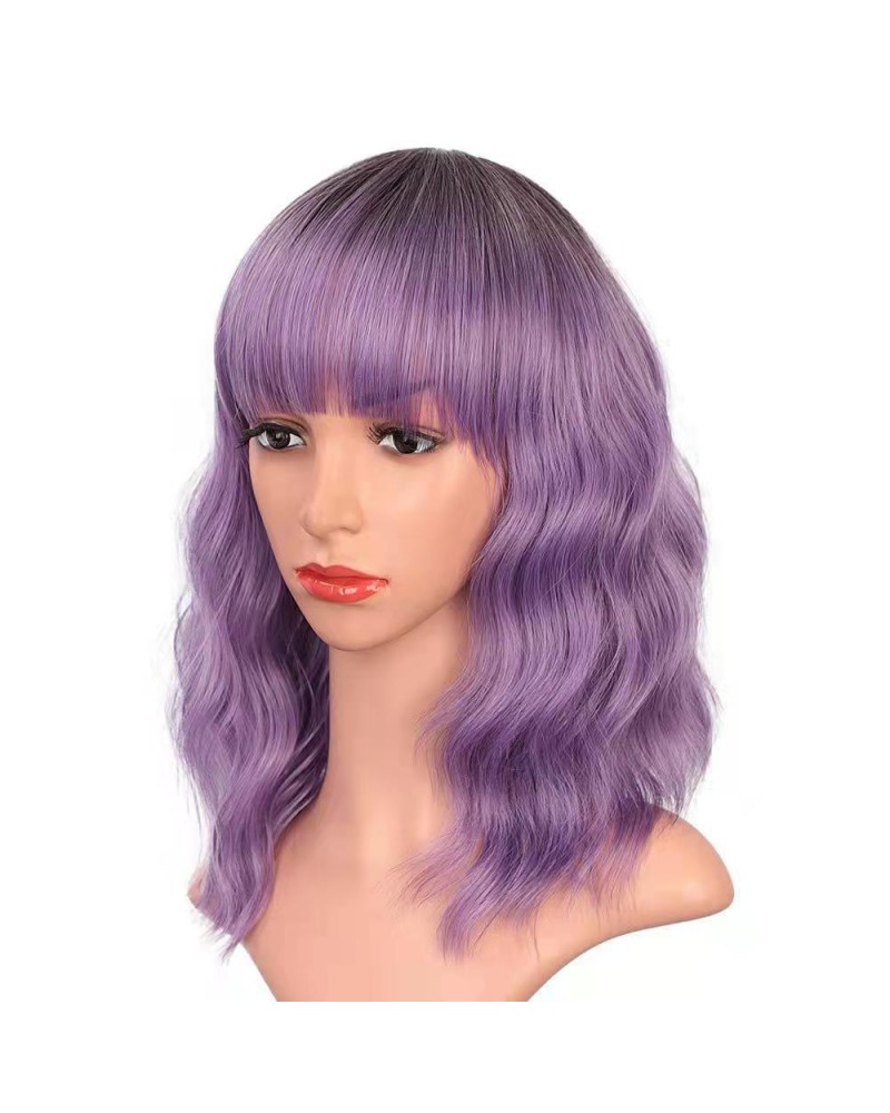 Purple curly hair half wigs with bangs