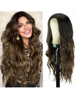 Synthetic lace front brown wavy long wigs