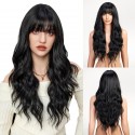 Luxurious Black Long Wavy Wig Flattering Bangs