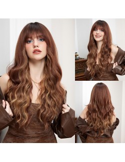 brown long Wavy Wig Flattering Bangs