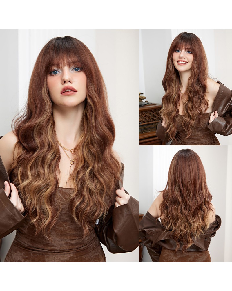 brown long Wavy Wig Flattering Bangs