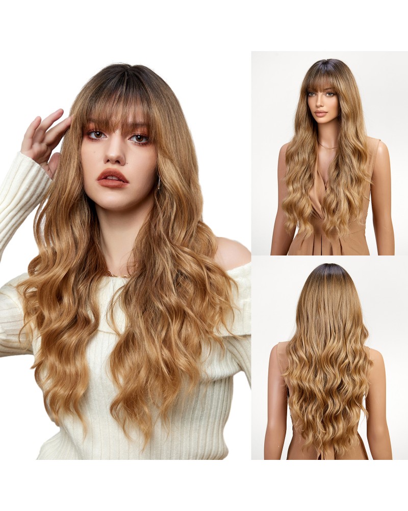 Blond Long Wavy Wig Flattering Bangs