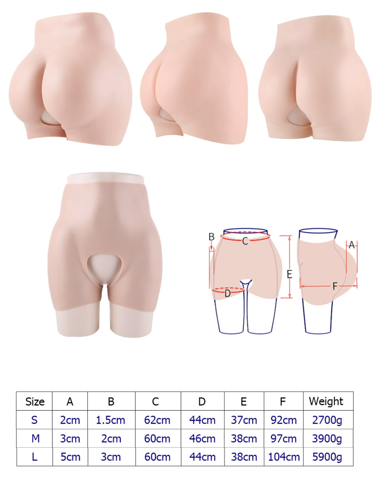 Silicone crotchless hip and buttock enhancers | size , weight detail