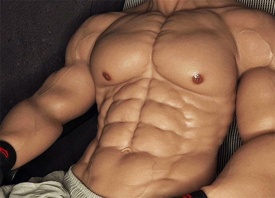 Supersized silicone upper body fake muscles detail