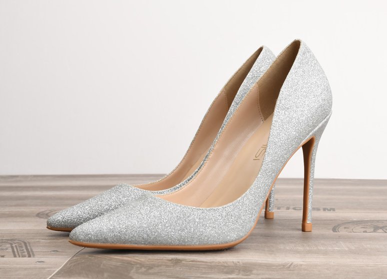 Pointed toe high heel pumps silver sequins