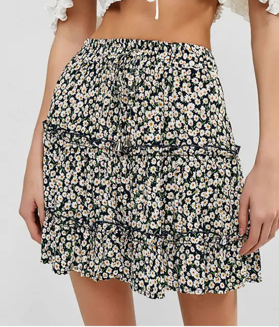 Detail A Line Bohemian Floral Print Ruffle Casual Skirt