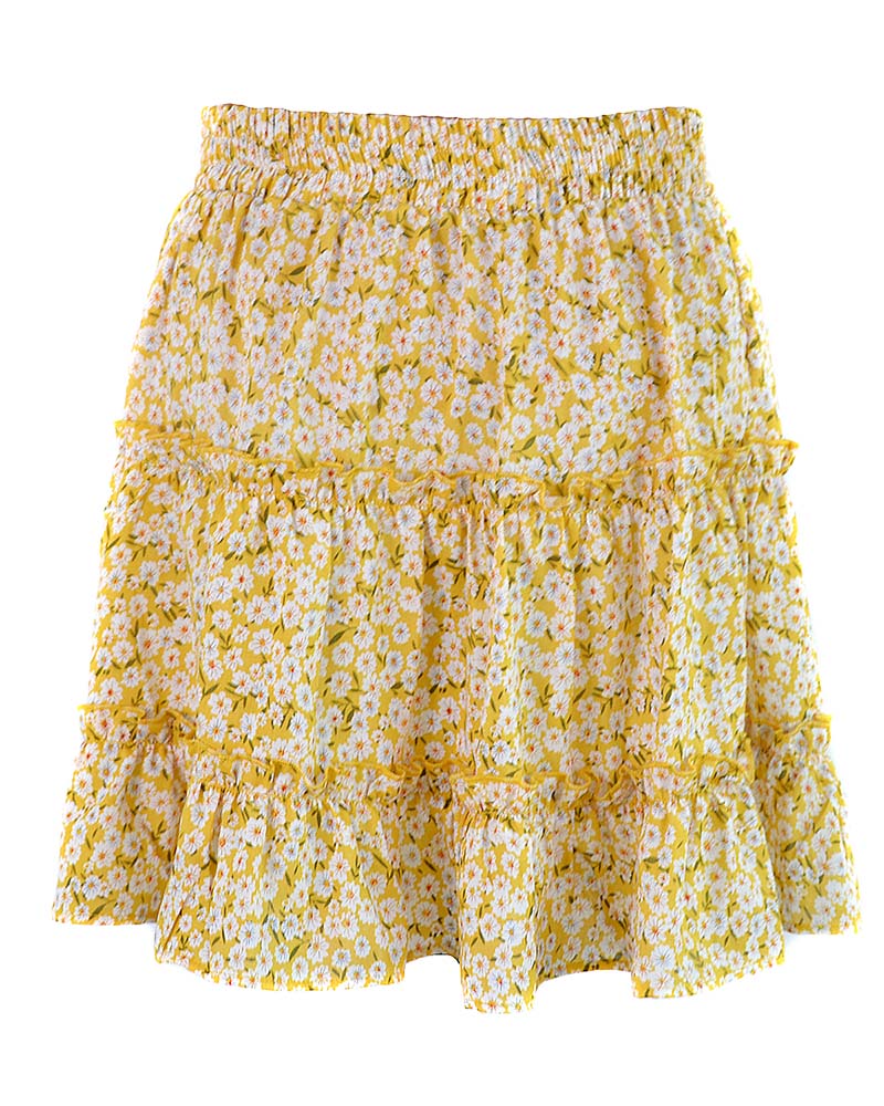 High-waist A-line Print Yellow Ruffles Floral Mini Skirt