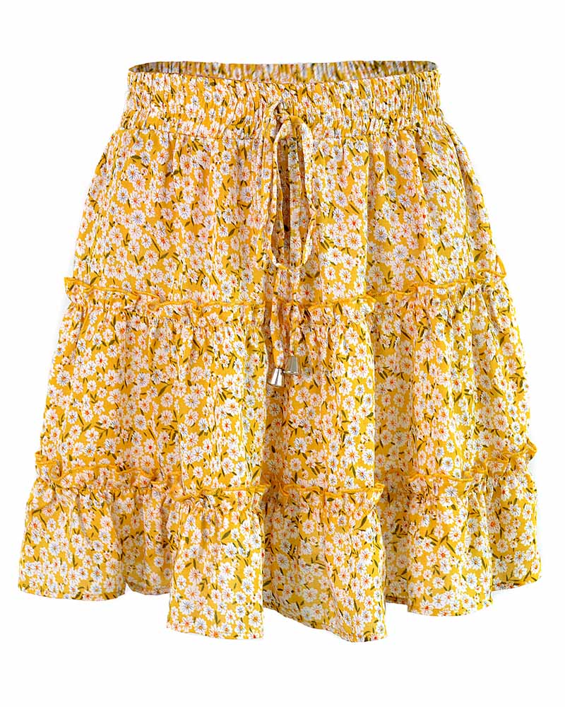 High-waist A-line Print Yellow Ruffles Floral Mini Skirt